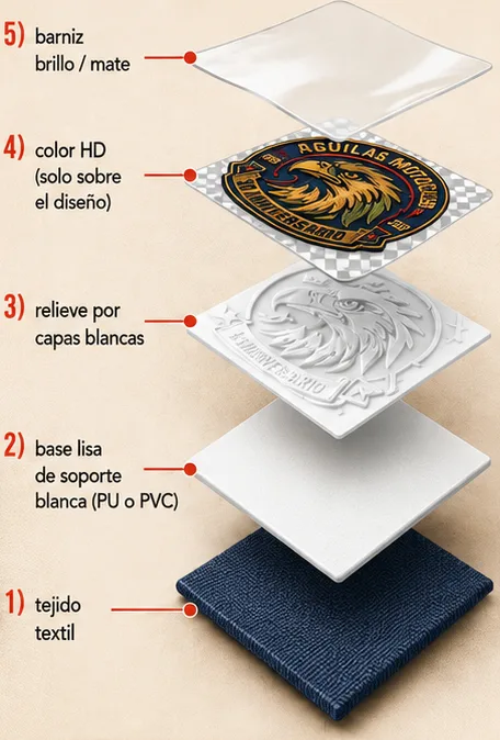 Despiece de las cinco capas de un emblema 3DTI