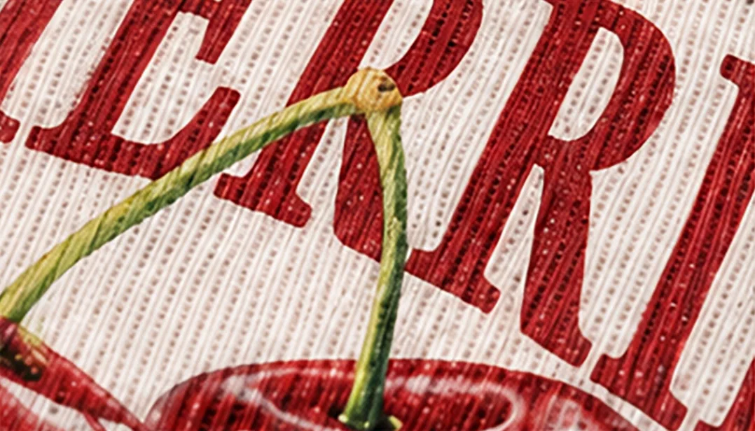 Macro del tejido con el diseño Cherries impreso en DTI