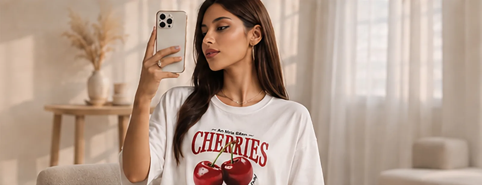 Modelo con camiseta Cherries haciéndose un selfie