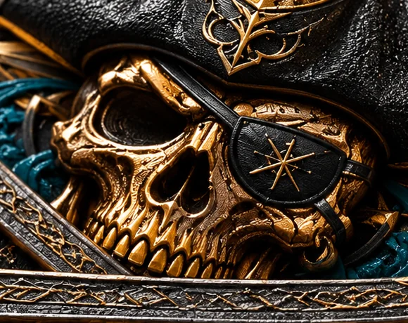 Detalle de la calavera dorada con parche negro y grabados en relieve metalizado