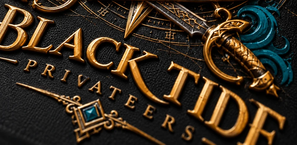 Detalle de las letras doradas Black Tide Privateers con acabado metalizado