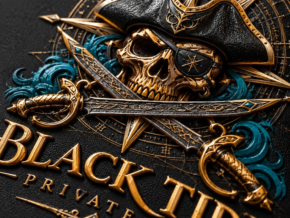 Emblema Black Tide con acabado metalizado dorado en UV DTF Stamping
